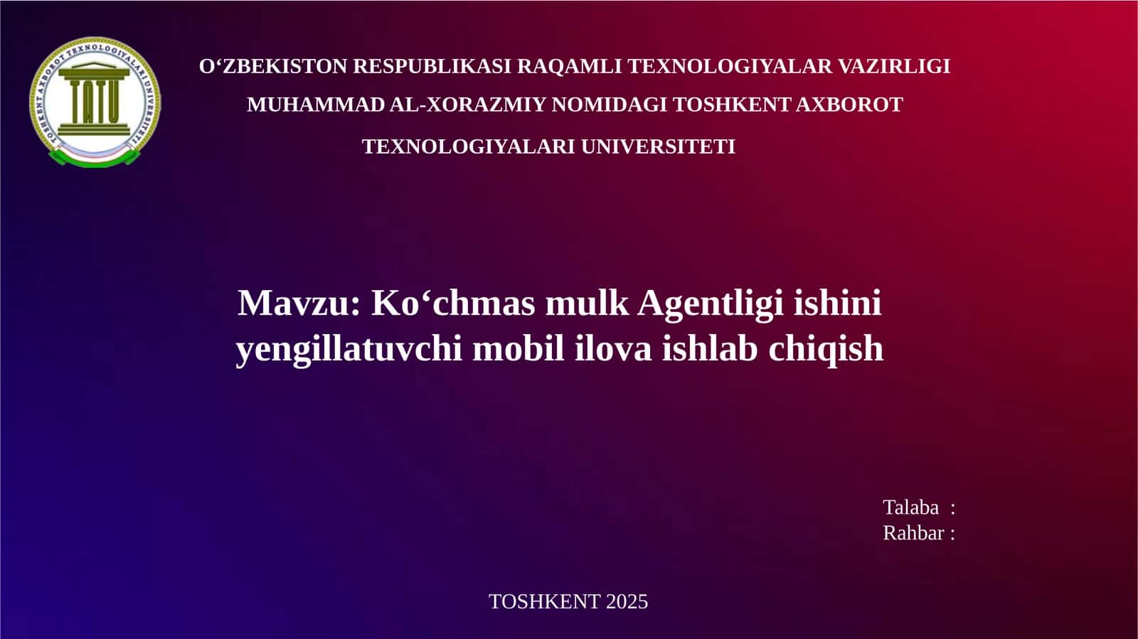 Ko‘chmas mulk Agentligi ishini yengillatuvchi mobil ilova ishlab chiqish taqdimoti 1