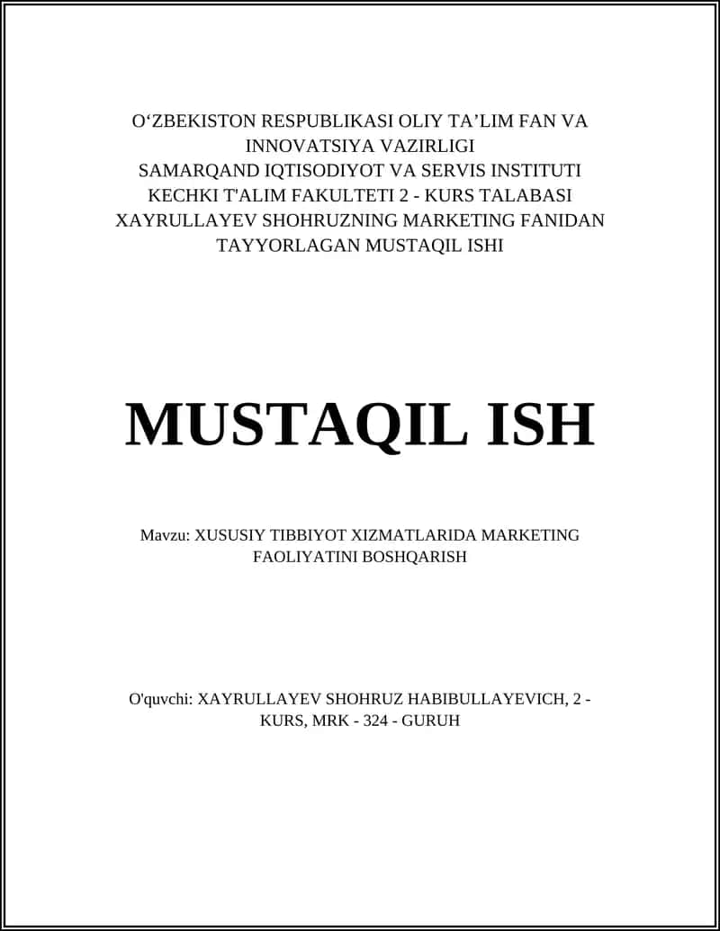 XUSUSIY TIBBIYOT XIZMATLARIDA MARKETING FAOLIYATINI BOSHQARISH 1