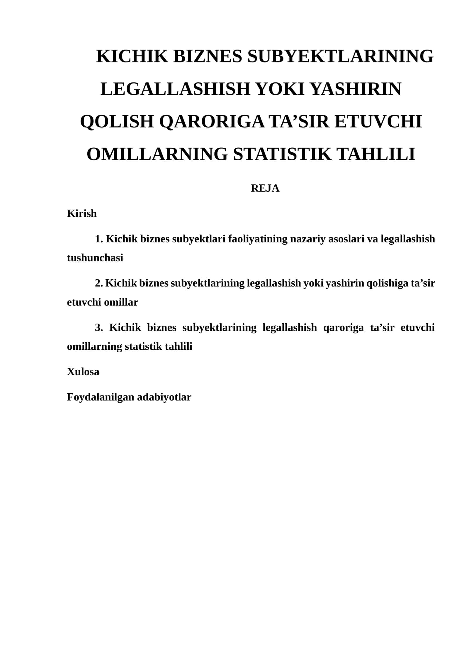 KICHIK BIZNES SUBYEKTLARINING LEGALLASHISH YOKI YASHIRIN QOLISH QARORIGA TA’SIR ETUVCHI OMILLARNING STATISTIK TAHLILI 1