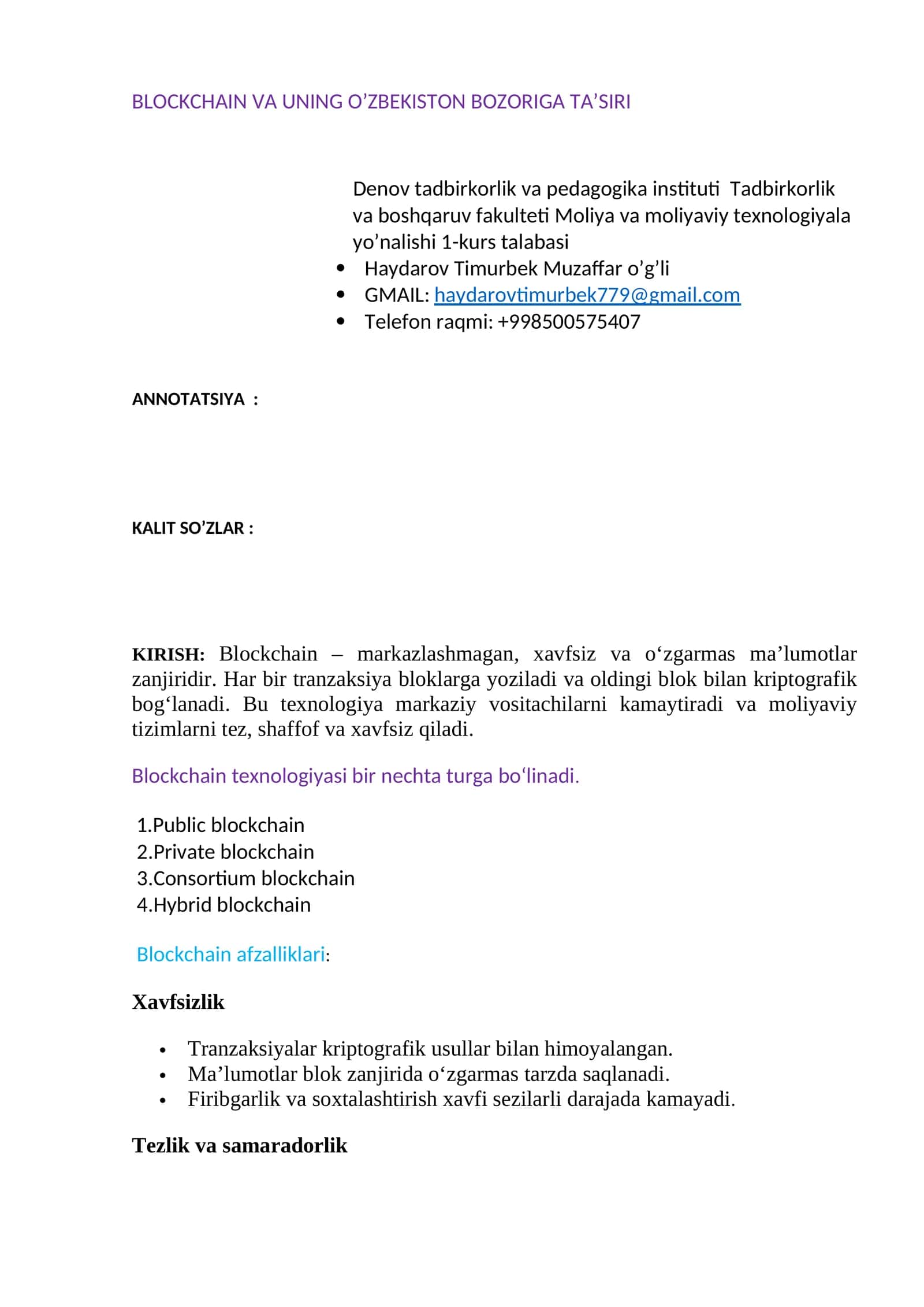 Blockchain va uning O'zbekiston bozoriga ta'siri 1