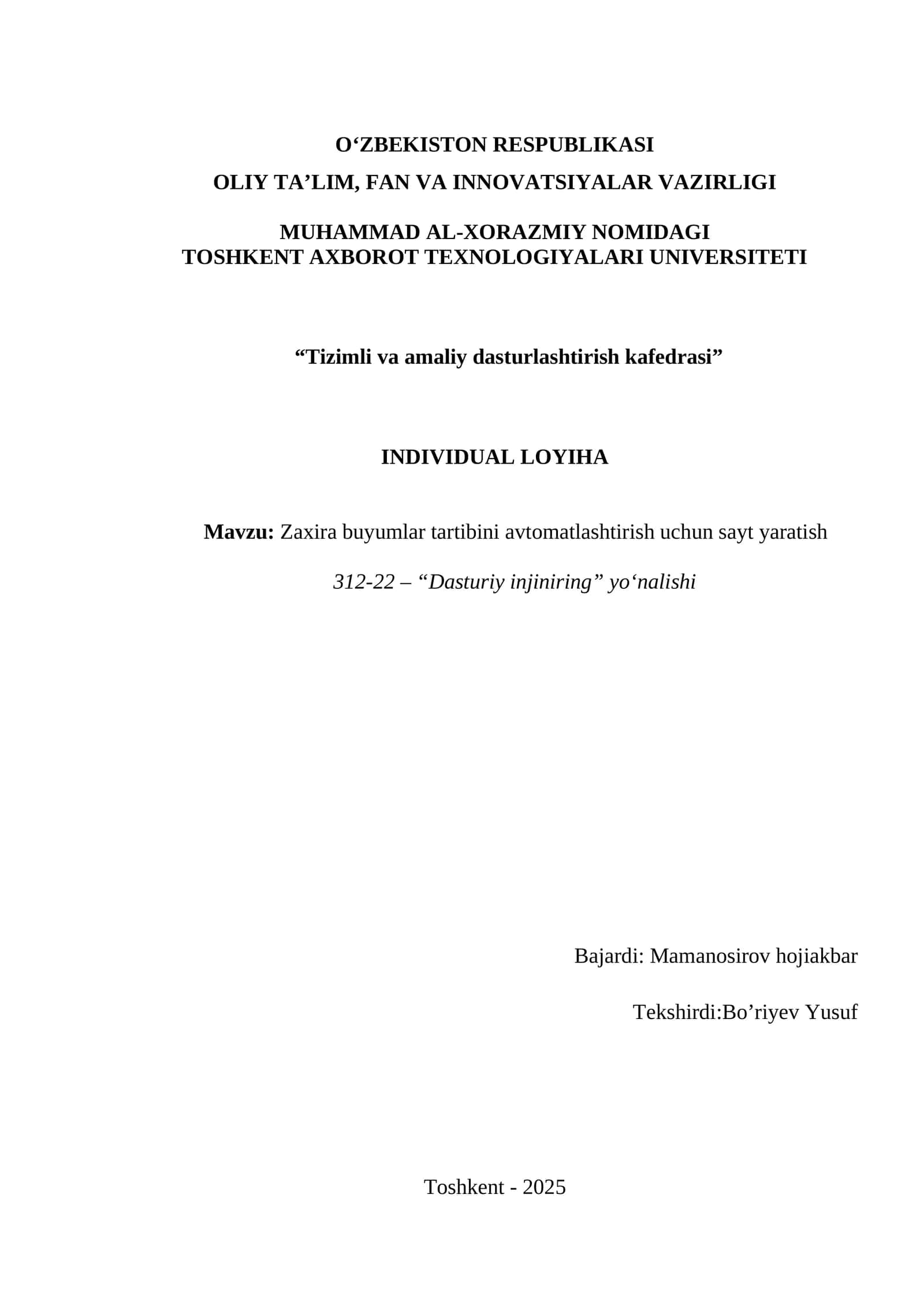 Zaxira buyumlar tartibini avtomatlashtirish uchun sayt yaratish 1