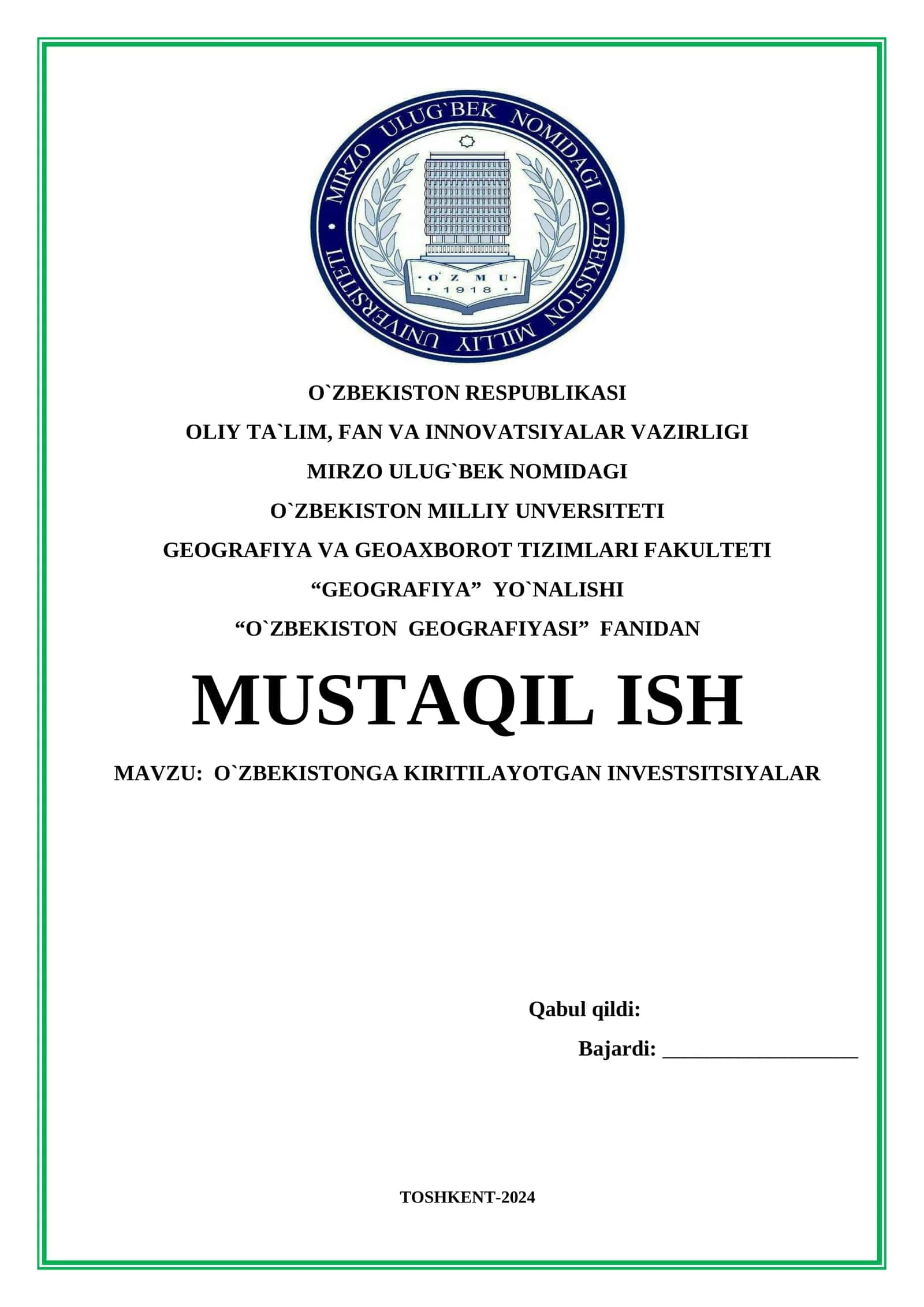 O`ZBEKISTONGA KIRITILAYOTGAN INVESTSITSIYALAR 1