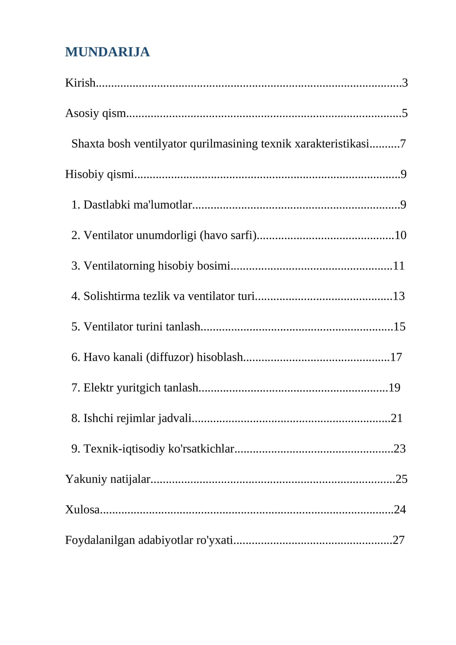 Shaxta bosh ventilyator qurilmasining texnik xarakteristikasi 1
