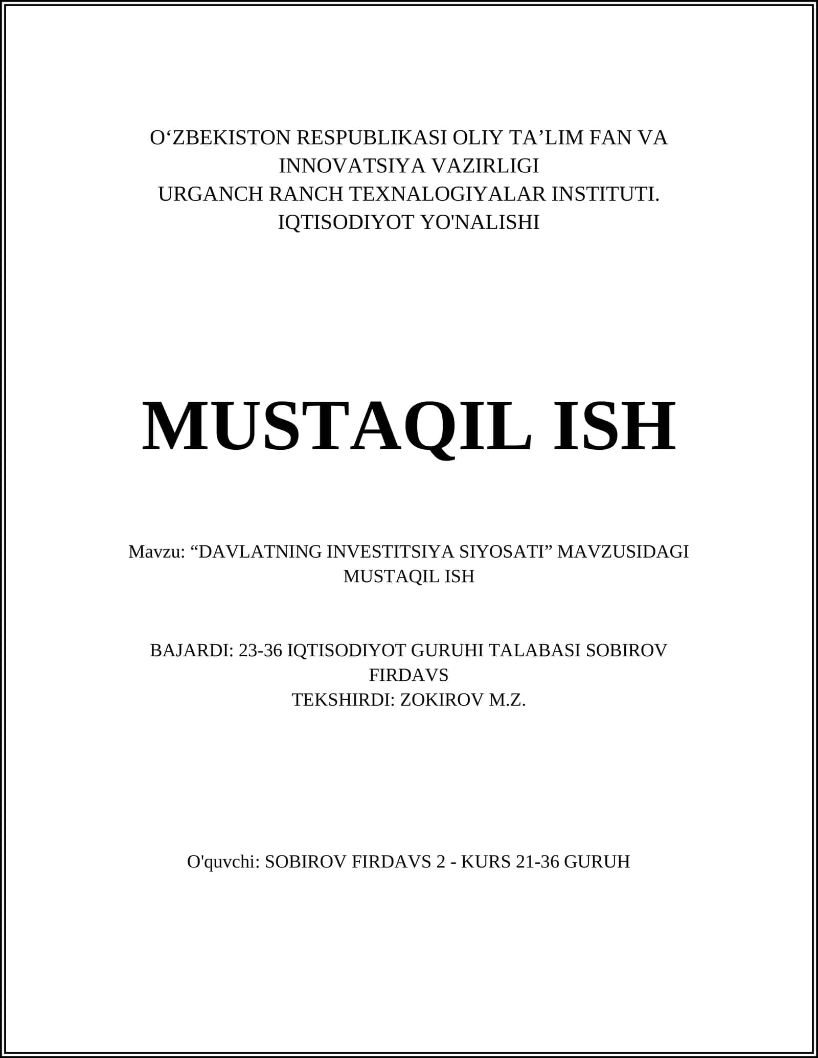 DAVLATNING INVESTITSIYA SIYOSATI 1