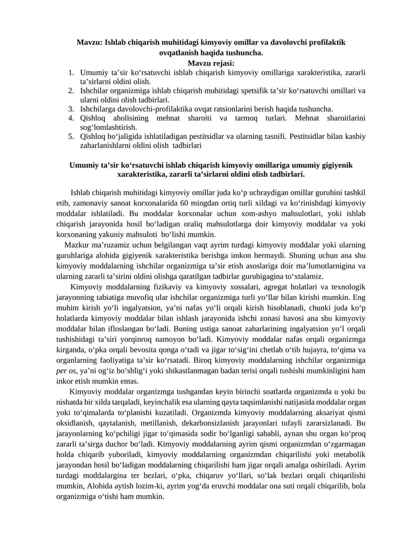 Ishlab chiqarish muhitidagi kimyoviy omillar va davolovchi profilaktik ovqatlanish haqida tushuncha 1