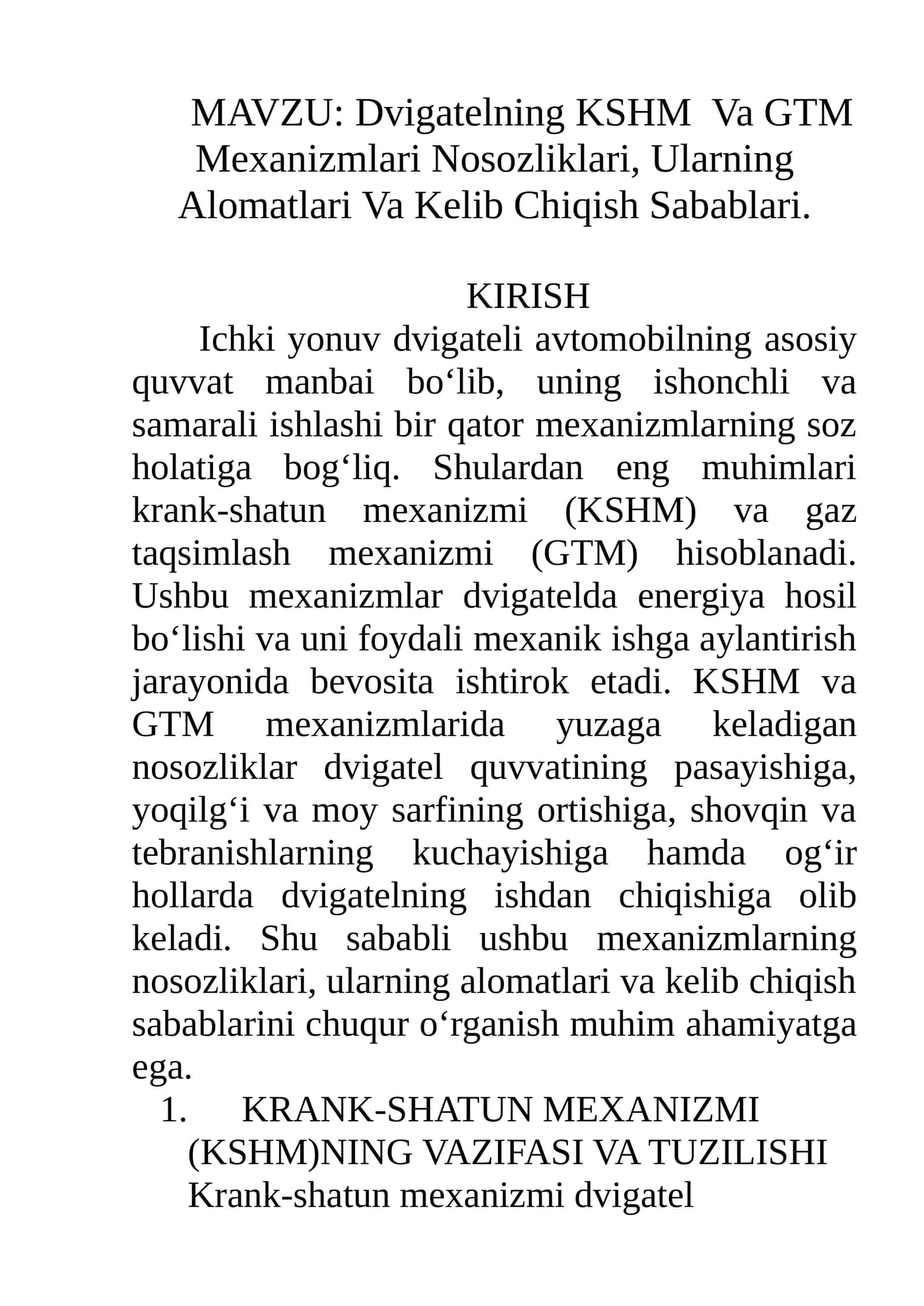 Dvigatelning KSHM Va GTM Mexanizmlari Nosozliklari, Ularning Alomatlari Va Kelib Chiqish Sabablari 1