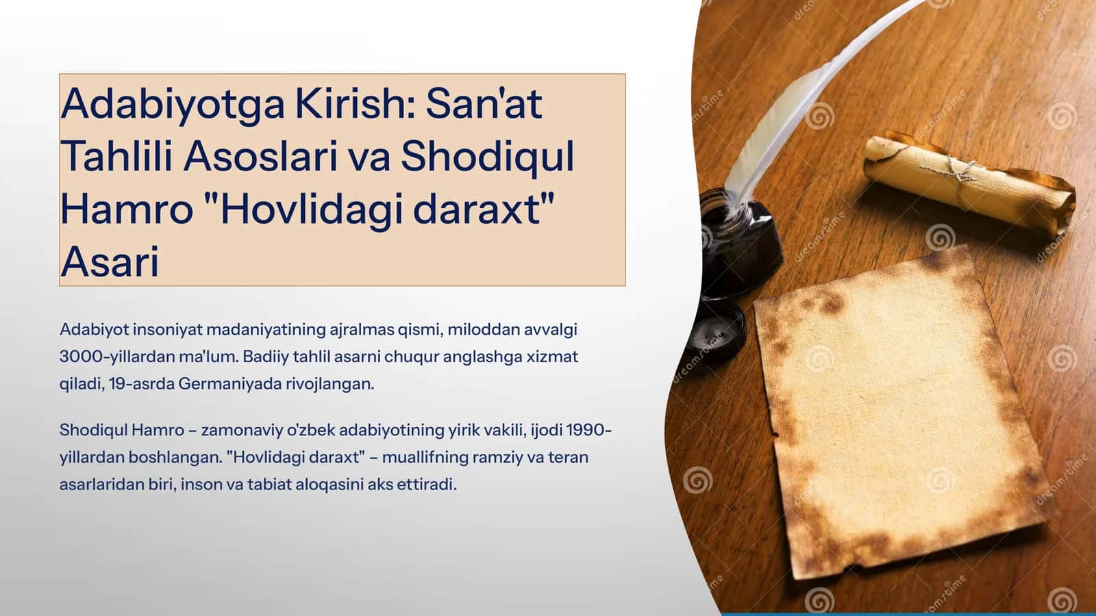 Adabiyotga Kirish: San'at Tahlili Asoslari va Shodiqul Hamro "Hovlidagi daraxt" Asari 1