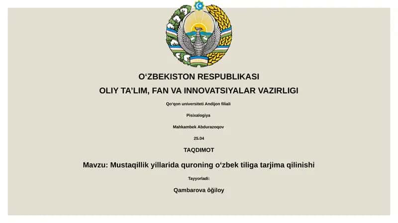 Mustaqillik yillarida quroning oʻzbek tiliga tarjima qilinishi 1