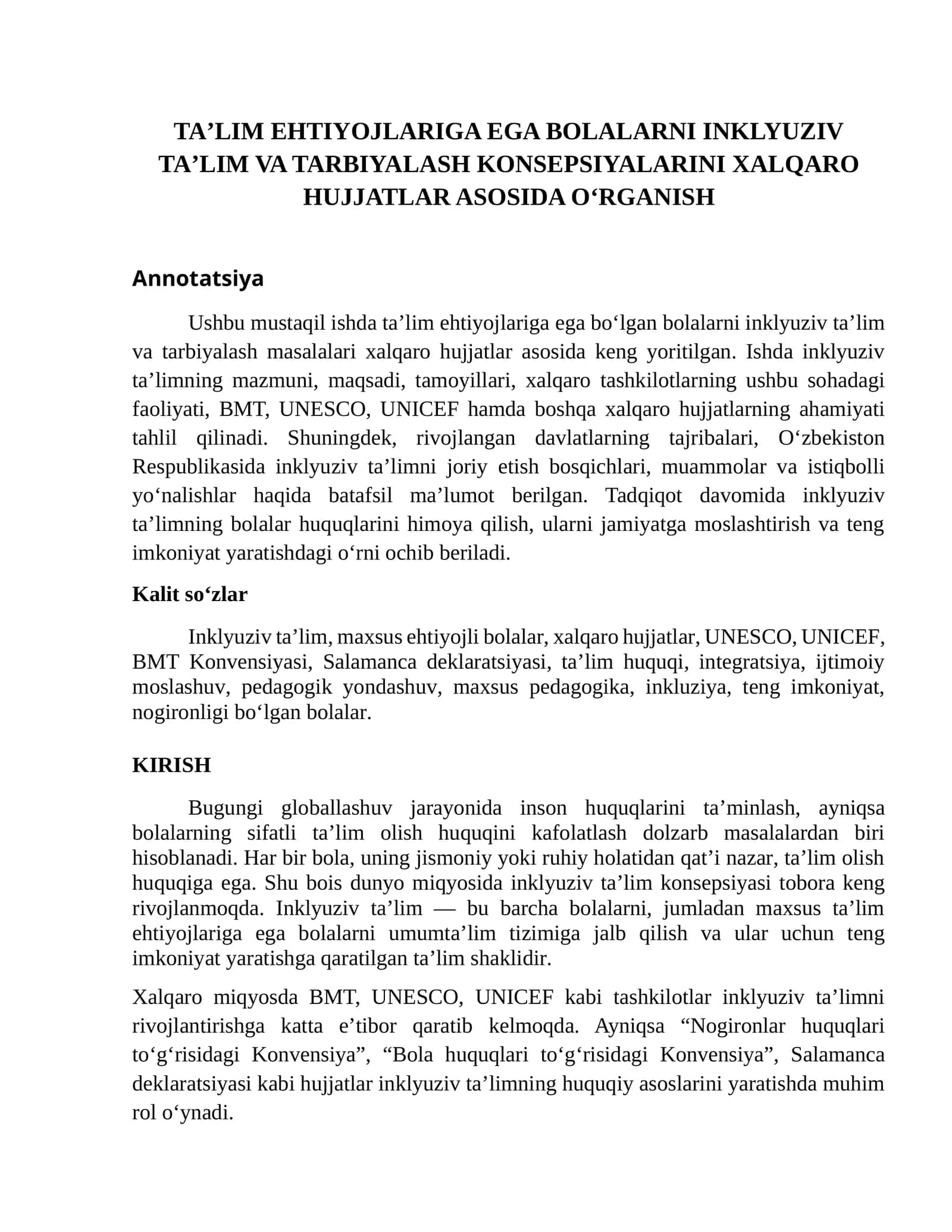 TAʼLIM EHTIYOJLARIGA EGA BOLALARNI INKLYUZIV TAʼLIM VA TARBIYALASH KONSEPSIYALARINI XALQARO HUJJATLAR ASOSIDA O‘RGANISH 1