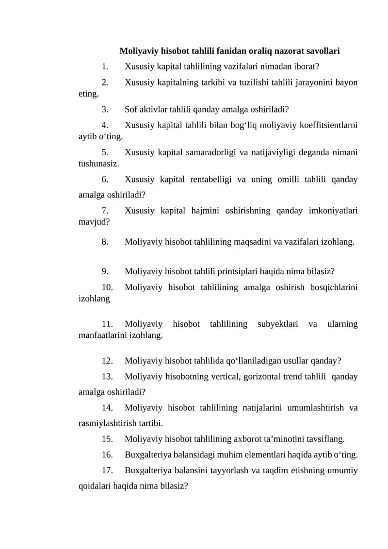 Moliyaviy hisobot tahlili fanidan oraliq nazorat savollari 1
