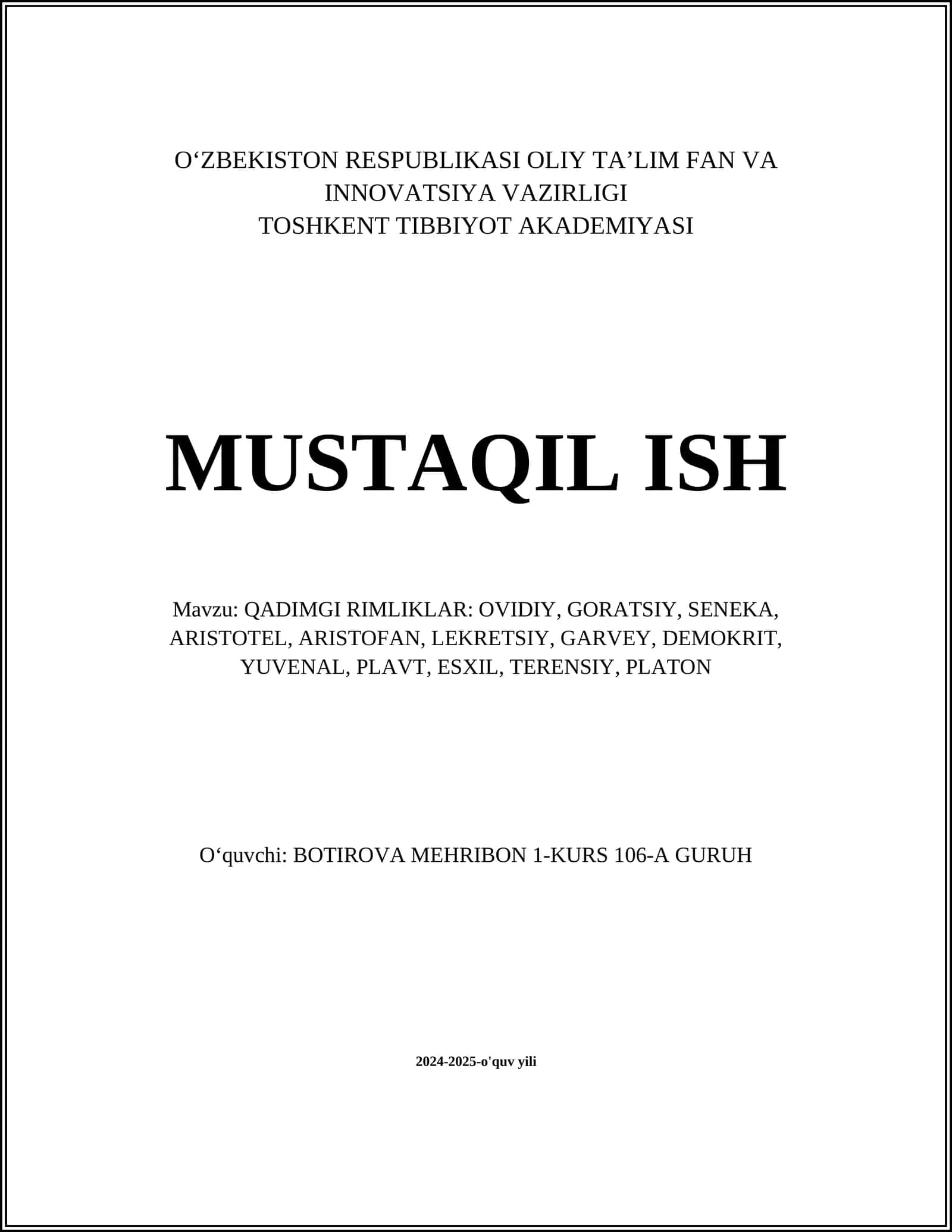 QADIMGI RIMLIKLAR: OVIDIY, GORATSIY, SENEKA, ARISTOTEL, ARISTOFAN, LEKRETSIY, GARVEY, DEMOKRIT, YUVENAL, PLAVT, ESXIL, TERENSIY, PLATON 1