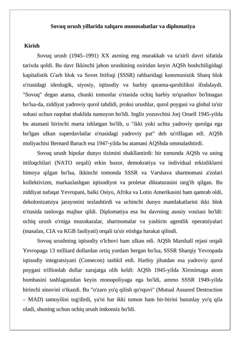 Sovuq urush yillarida xalqaro munosabatlar va diplomatiya 1