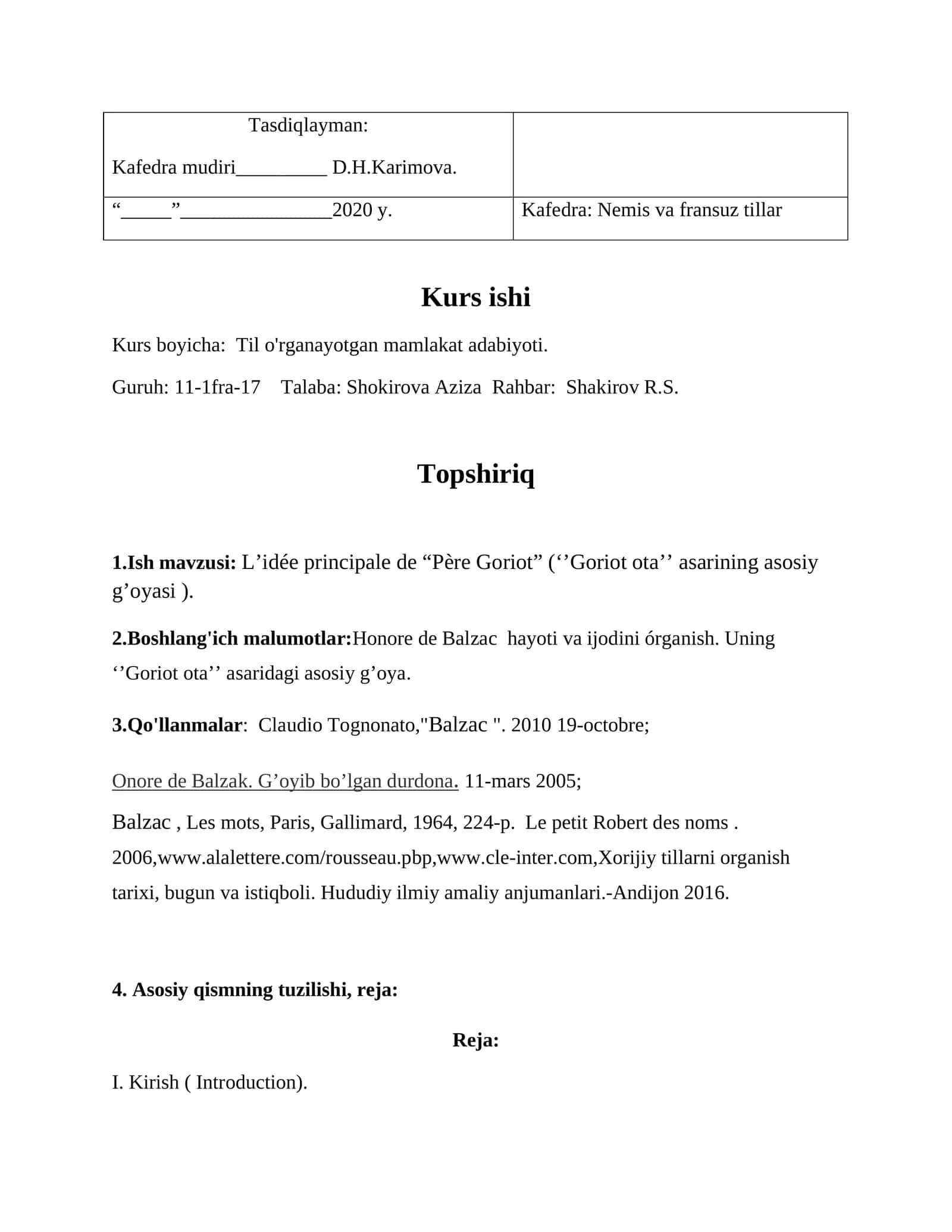 Kurs ishi: L’idée principale de “Père Goriot” (‘’Goriot ota’’ asarining asosiy g’oyasi ) 1