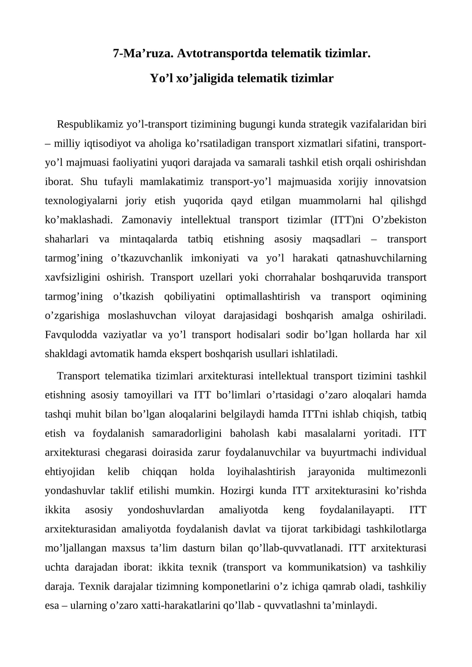 Yo’l-Xo’jaligida Telematik Tizimlar 1