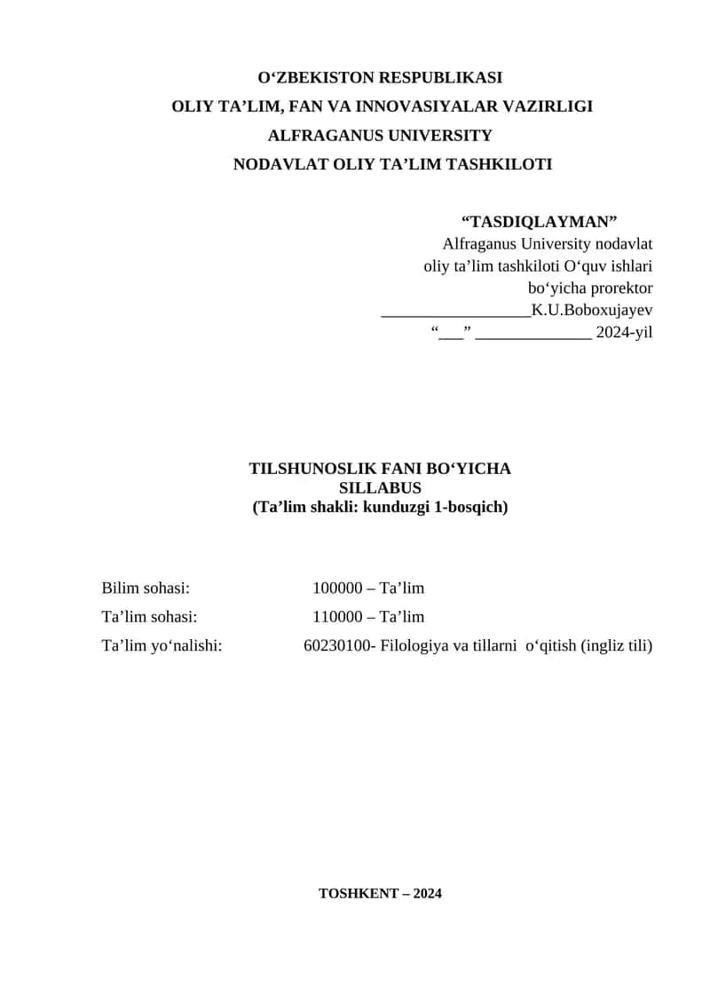 TILSHUNOSLIK FANI BO‘YICHA SILLABUS 1