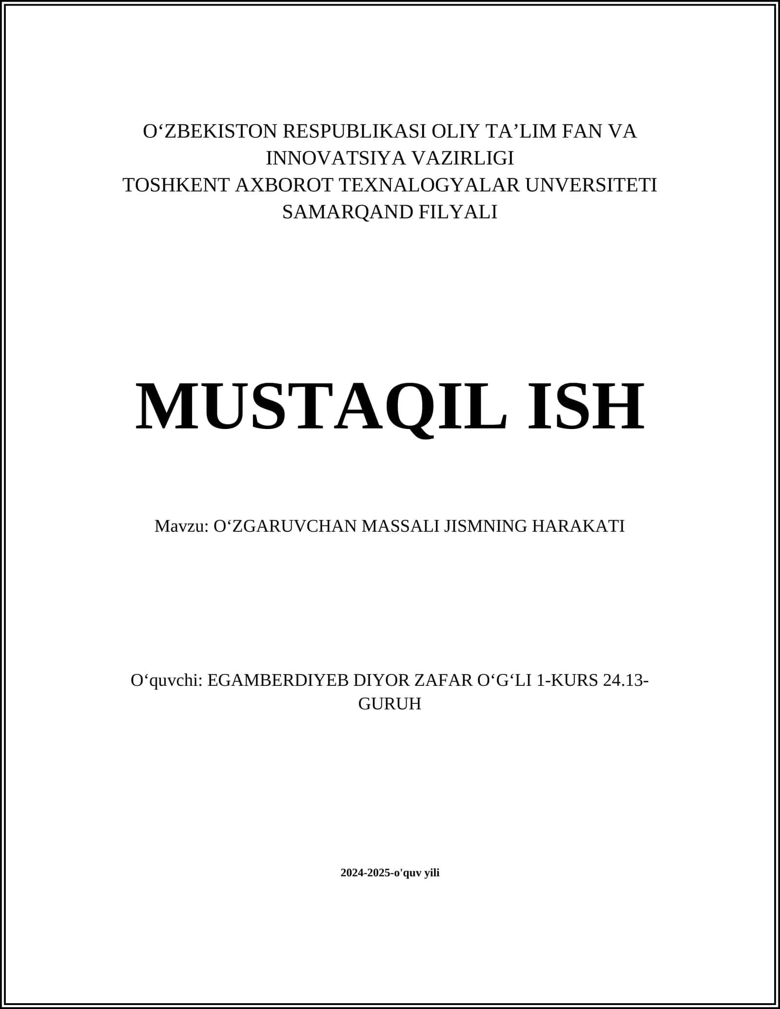 OʻZGARUVCHAN MASSALI JISMNING HARAKATI 1