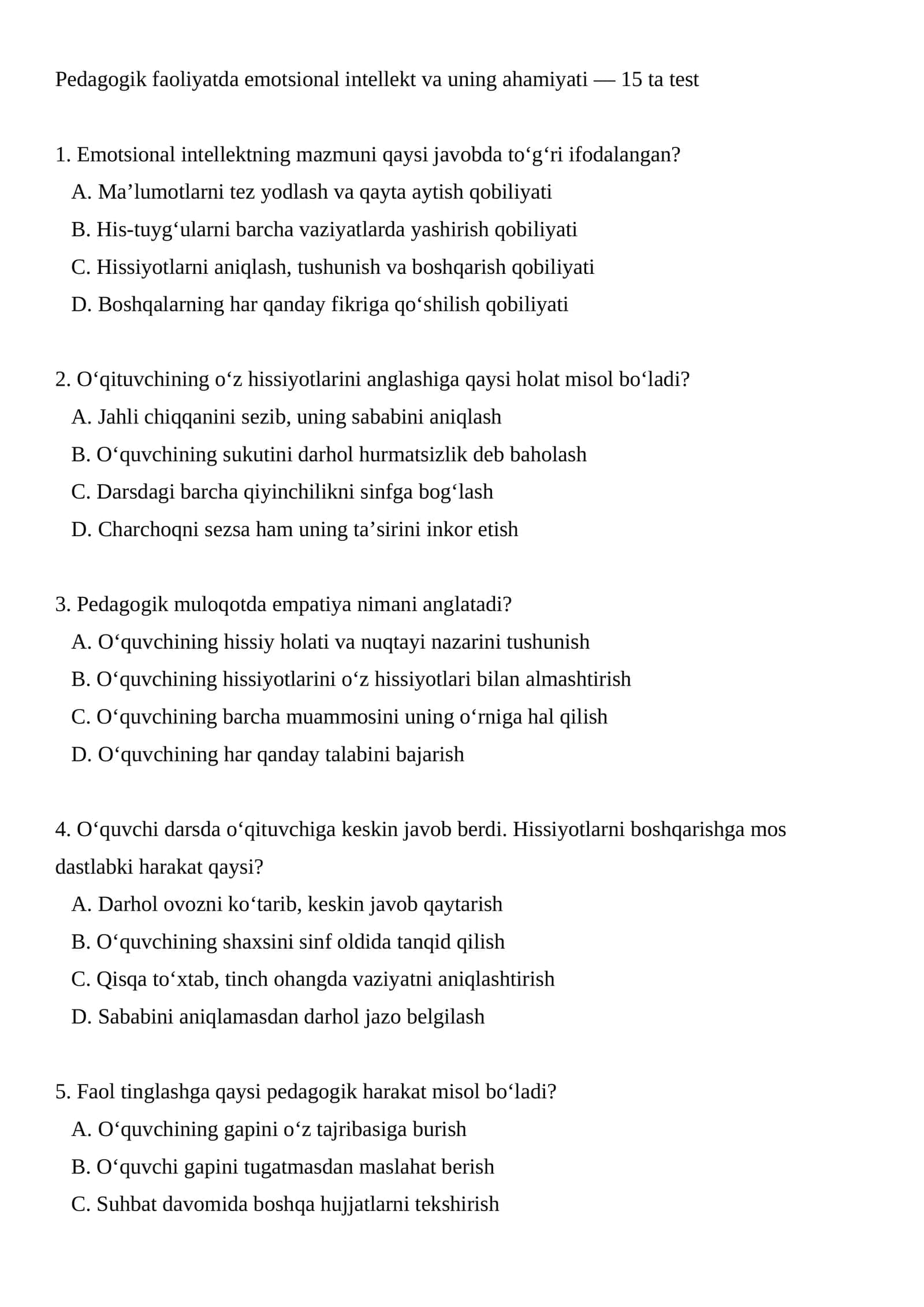 Pedagogik faoliyatda emotsional intellekt va uning ahamiyati TEST. 1