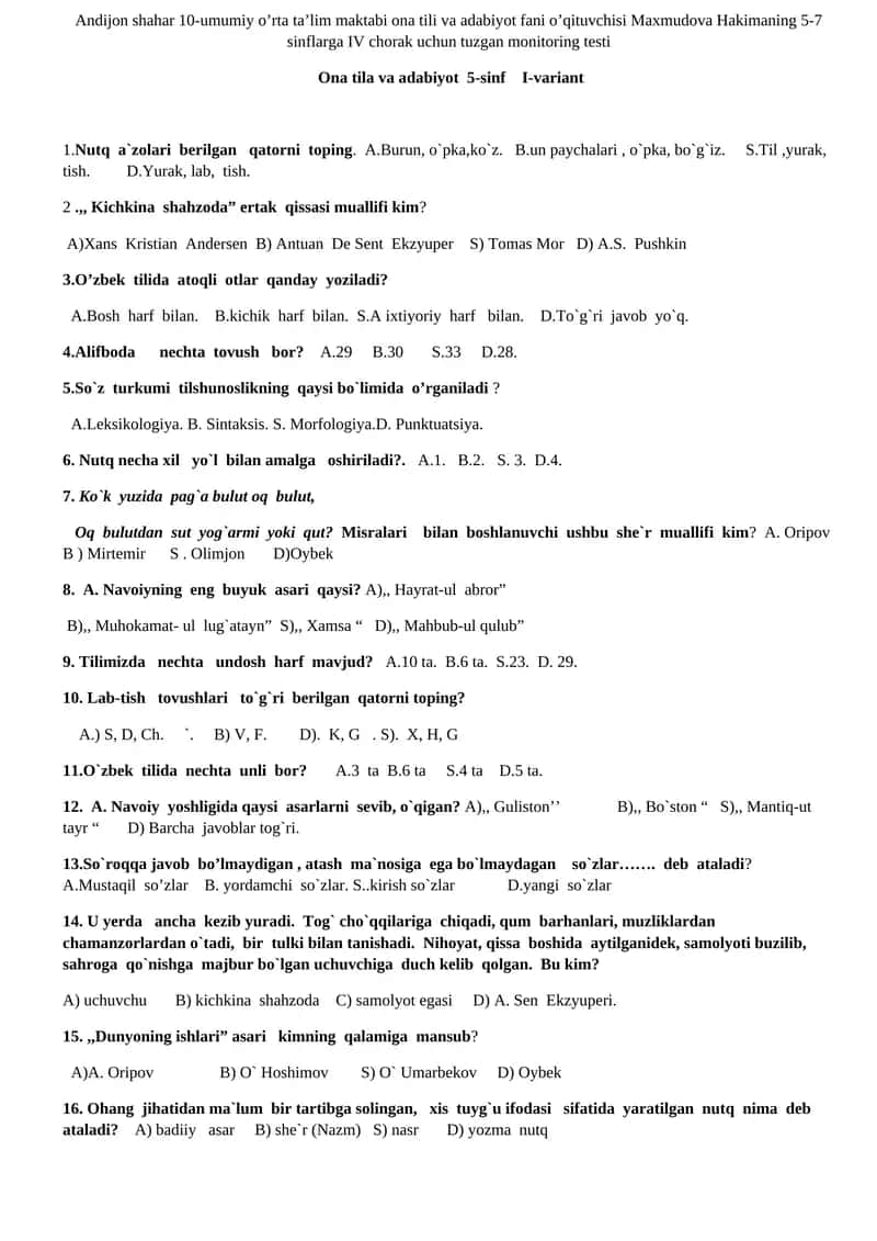 Ona tila va adabiyot 5-sinf I-variant 1