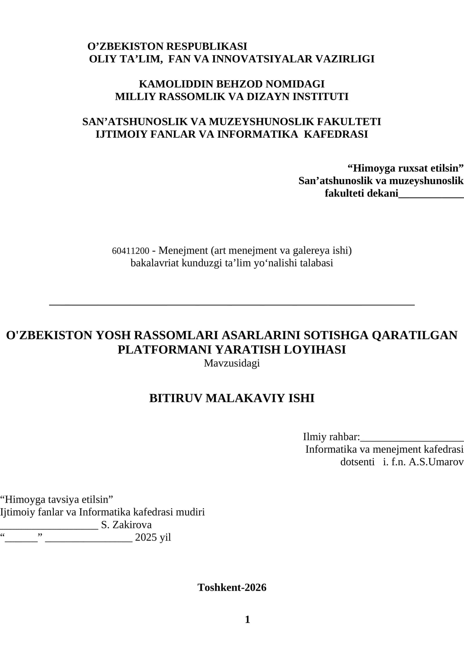 O'ZBEKISTON YOSH RASSOMLARI ASARLARINI SOTISHGA QARATILGAN PLATFORMANI YARATISH LOYIHASI 1