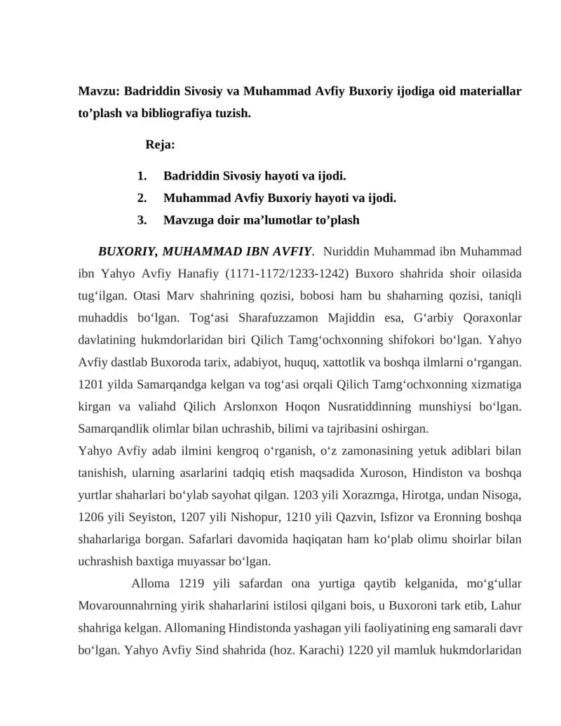 Badriddin Sivosiy va Muhammad Avfiy Buxoriy ijodi 1