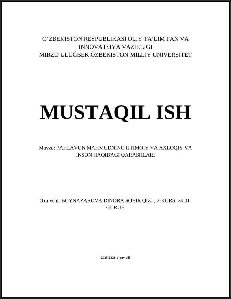 PAHLAVON MAHMUDNING IJTIMOIY VA AXLOQIY VA INSON HAQIDAGI QARASHLARI 1