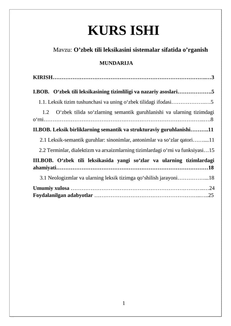 O’zbek tili leksikasini sistemalar sifatida o’rganish 1