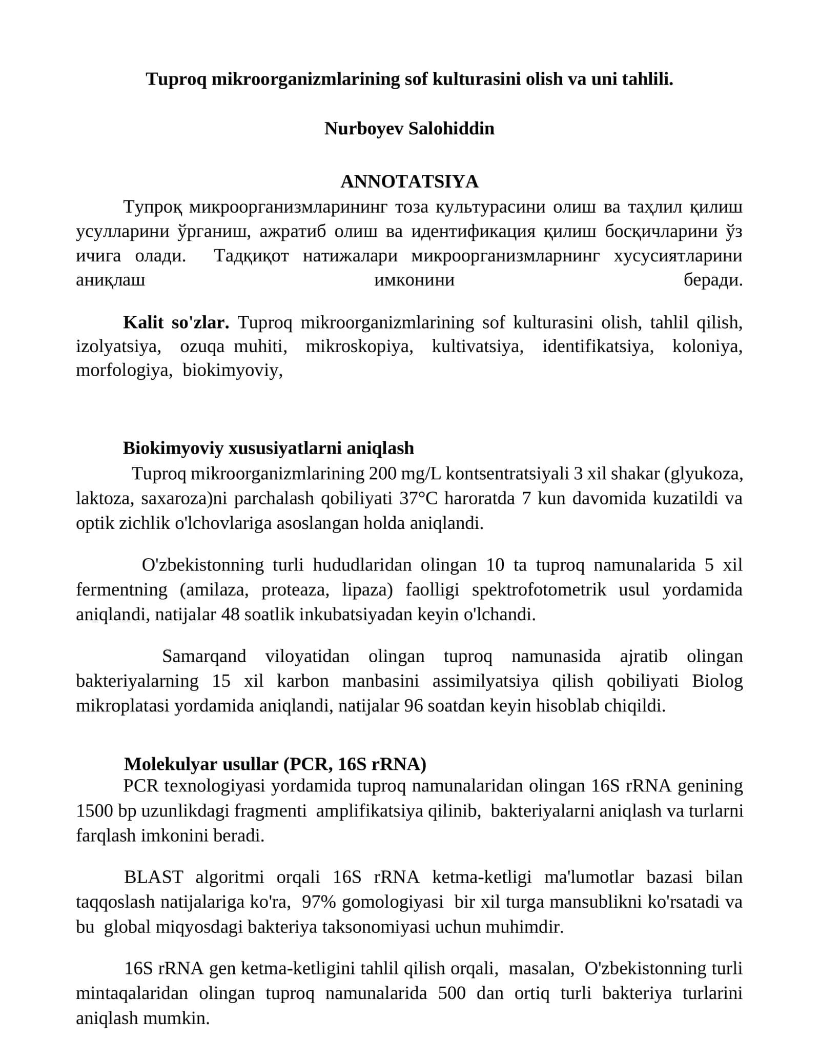 Tuproq mikroorganizmlarining sof kulturasini olish va uni tahlili 1