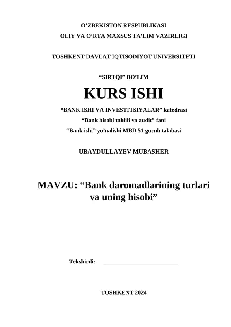 Bank daromadlarining turlari va uning hisobi 1