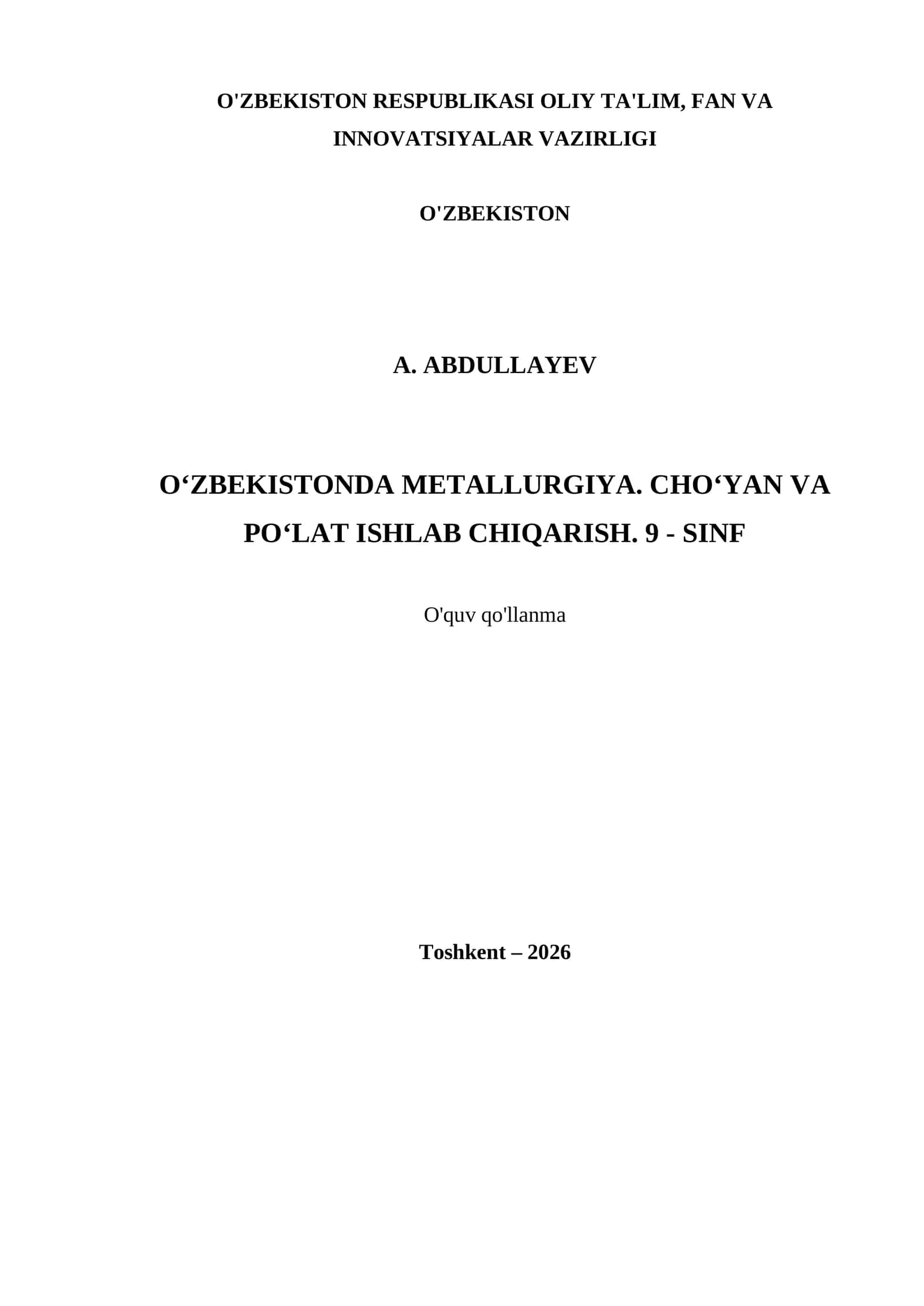 O‘ZBEKISTONDA METALLURGIYA. CHO‘YAN VA PO‘LAT ISHLAB CHIQARISH. 9 - SINF 1