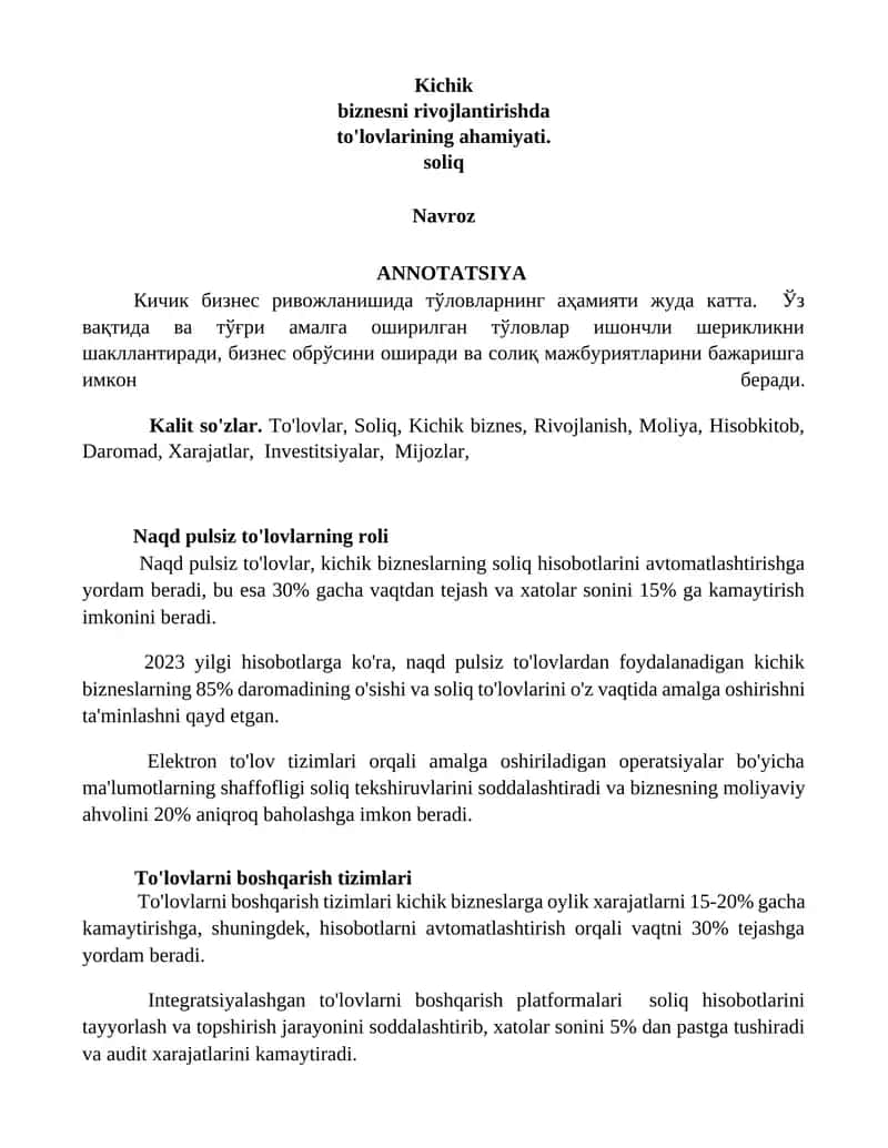 Kichik biznes rivojlantirishda to'lovlarining ahamiyati 1