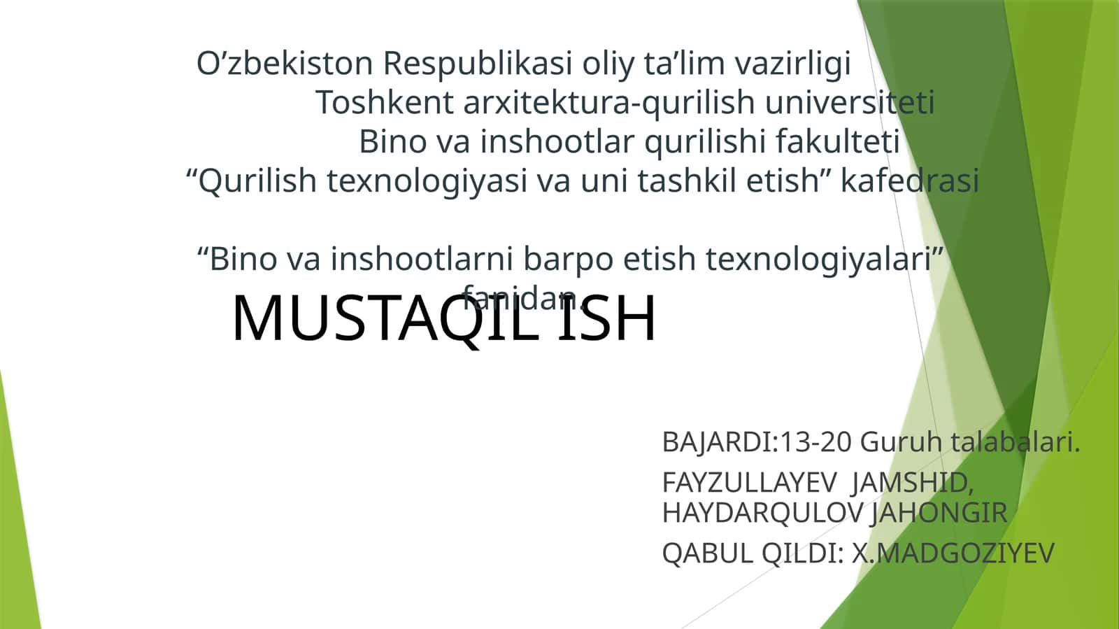 Zavodda tayyorlangan konstruksiyalardan bino va inshoatlarni barpo etish texnalogiyasi 1
