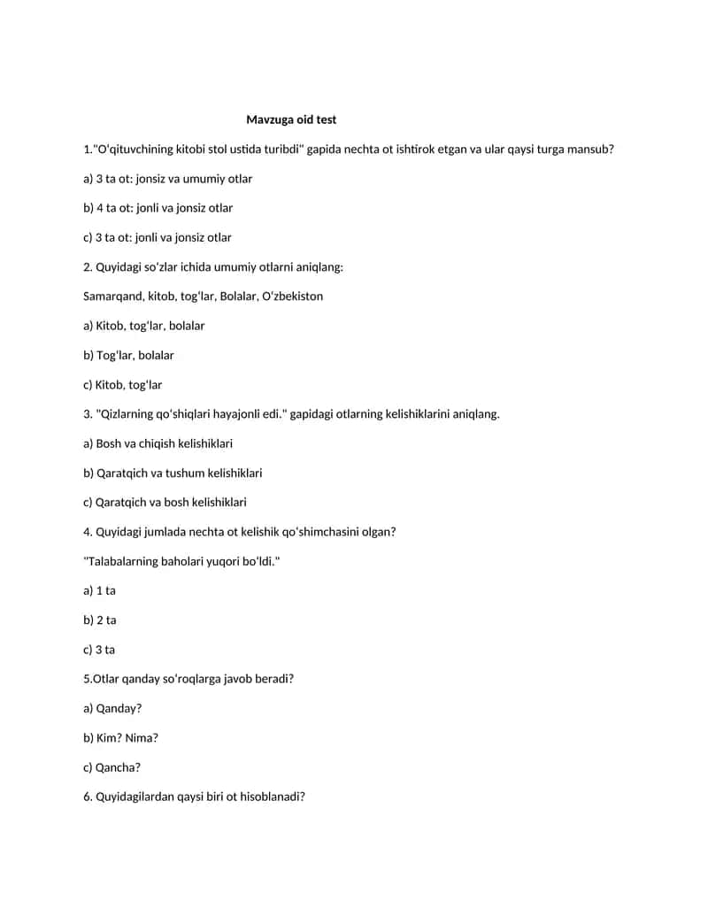 soʻz turkumlari boʻyicha test 1