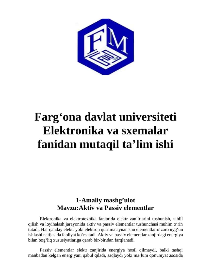 Elektronika va sxemalar fanidan mutaqil ta’lim ishi 1