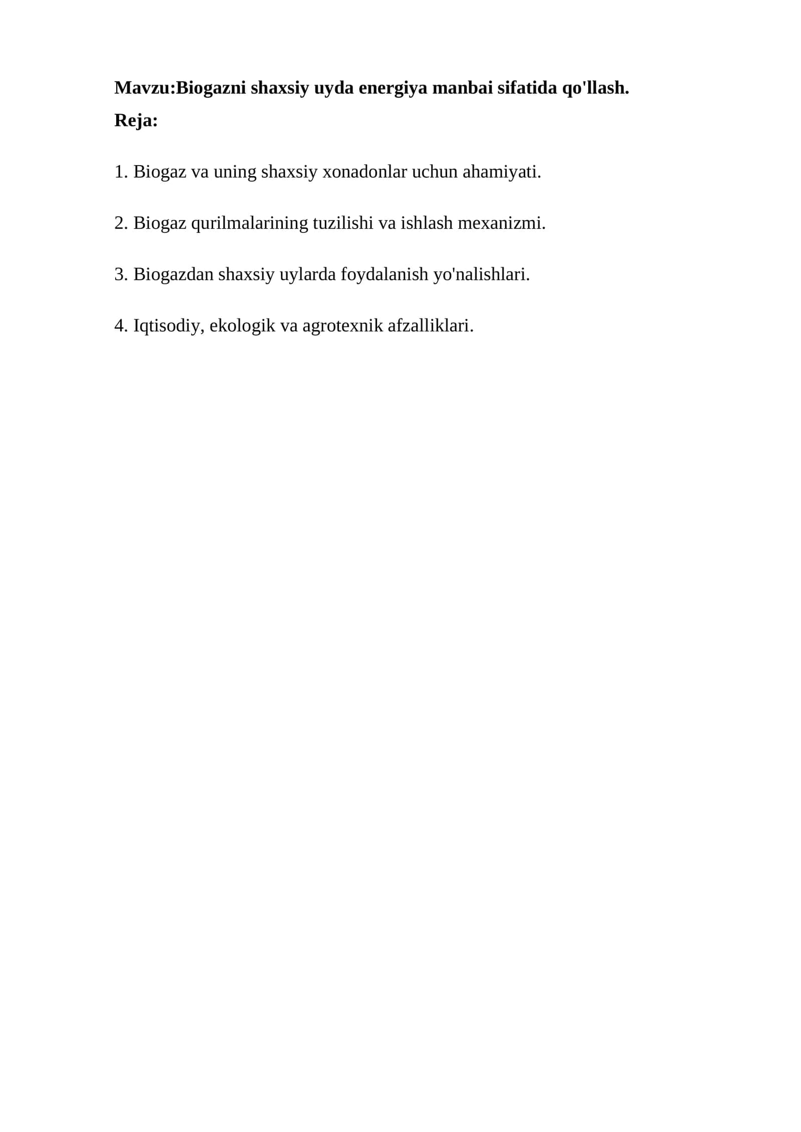 Biogazni shaxsiy uyda energiya manbai sifatida qo'llash 1