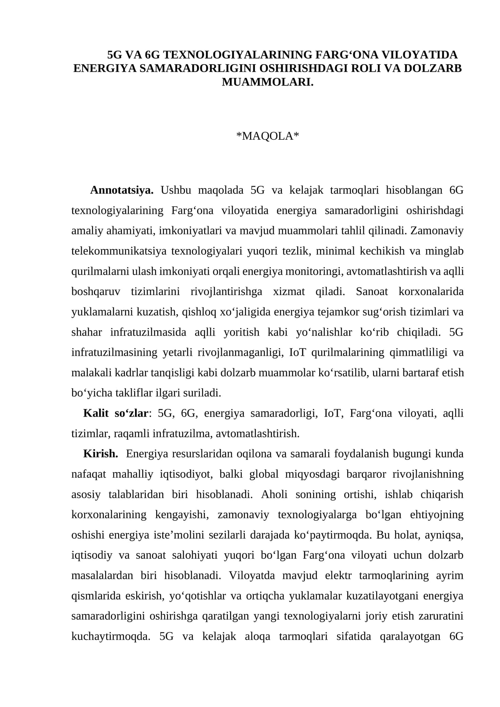 5G VA 6G TEXNOLOGIYALARINING  VILOYATLARDA ENERGIYA SAMARADORLIGINI OSHIRISHDAGI ROLI VA DOLZARB MUAMMOLARI 1