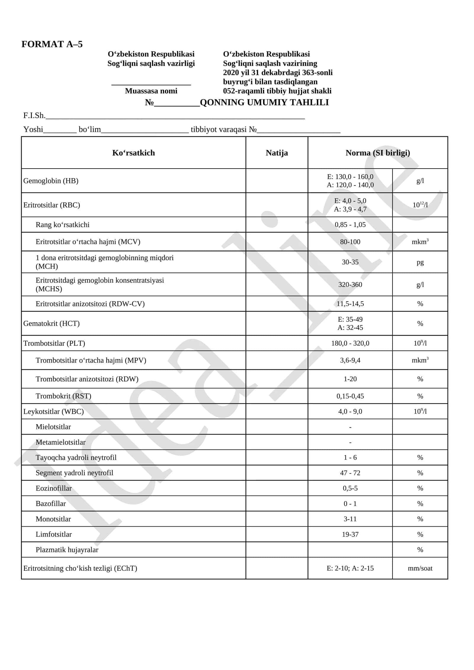 QONNING UMUMIY TAHLILI BLANKASI | A-5 FORMAT | WORD SHABLON 1