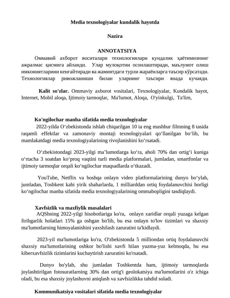 Media texnologiyalar kundalik hayotda 1