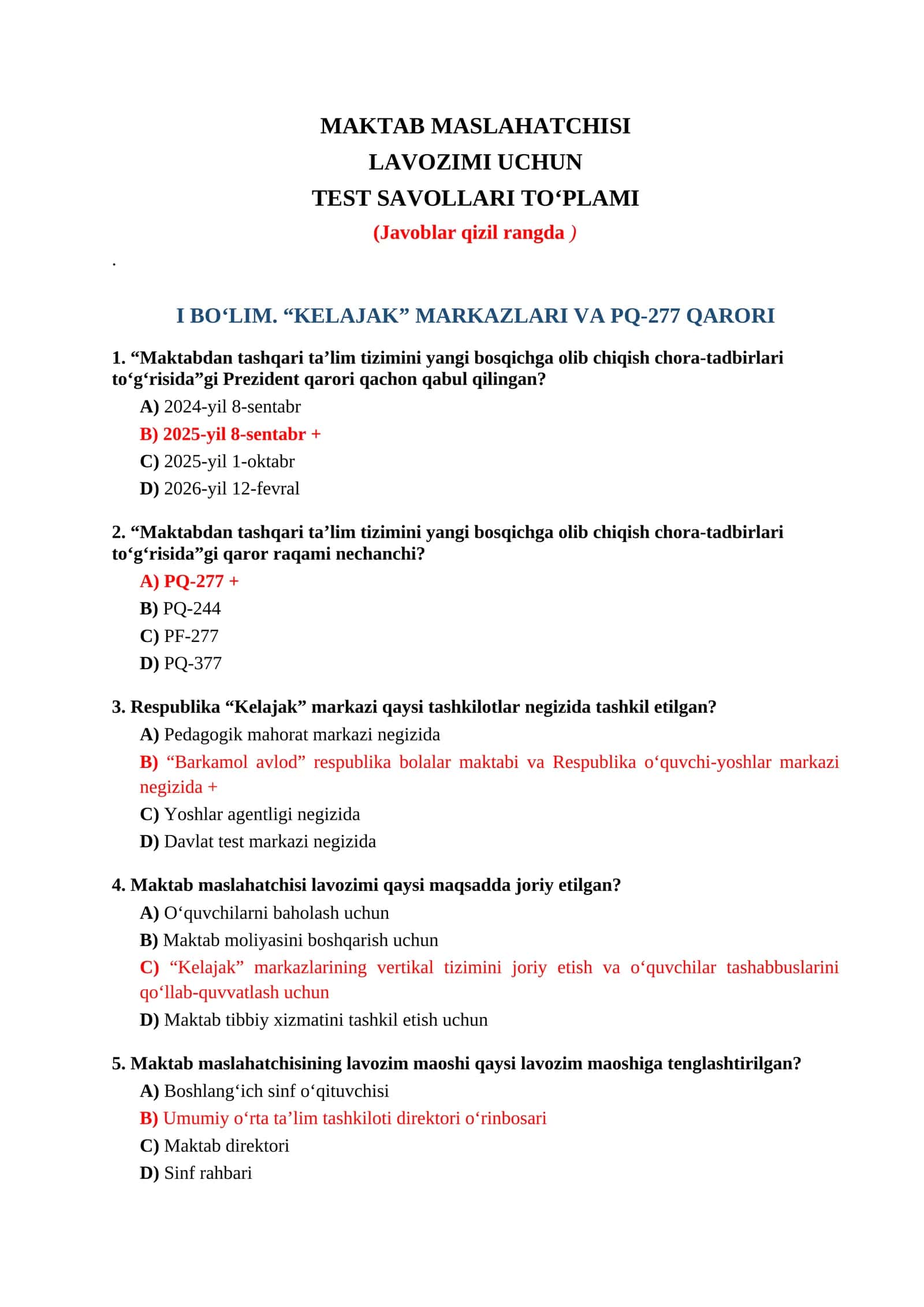 MAKTAB MASLAHATCHISI LAVOZIMI UCHUN TEST SAVOLLARI TO‘PLAMI 1