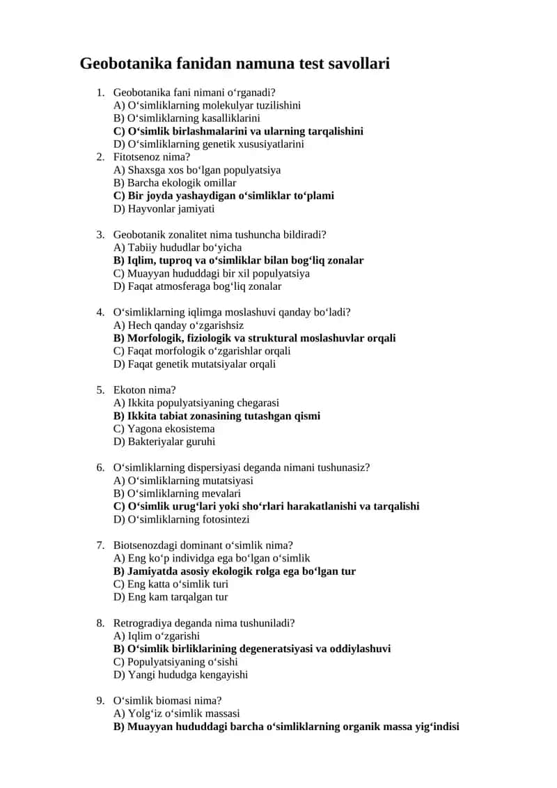 Geobotanika fanidan namuna test savollari 1