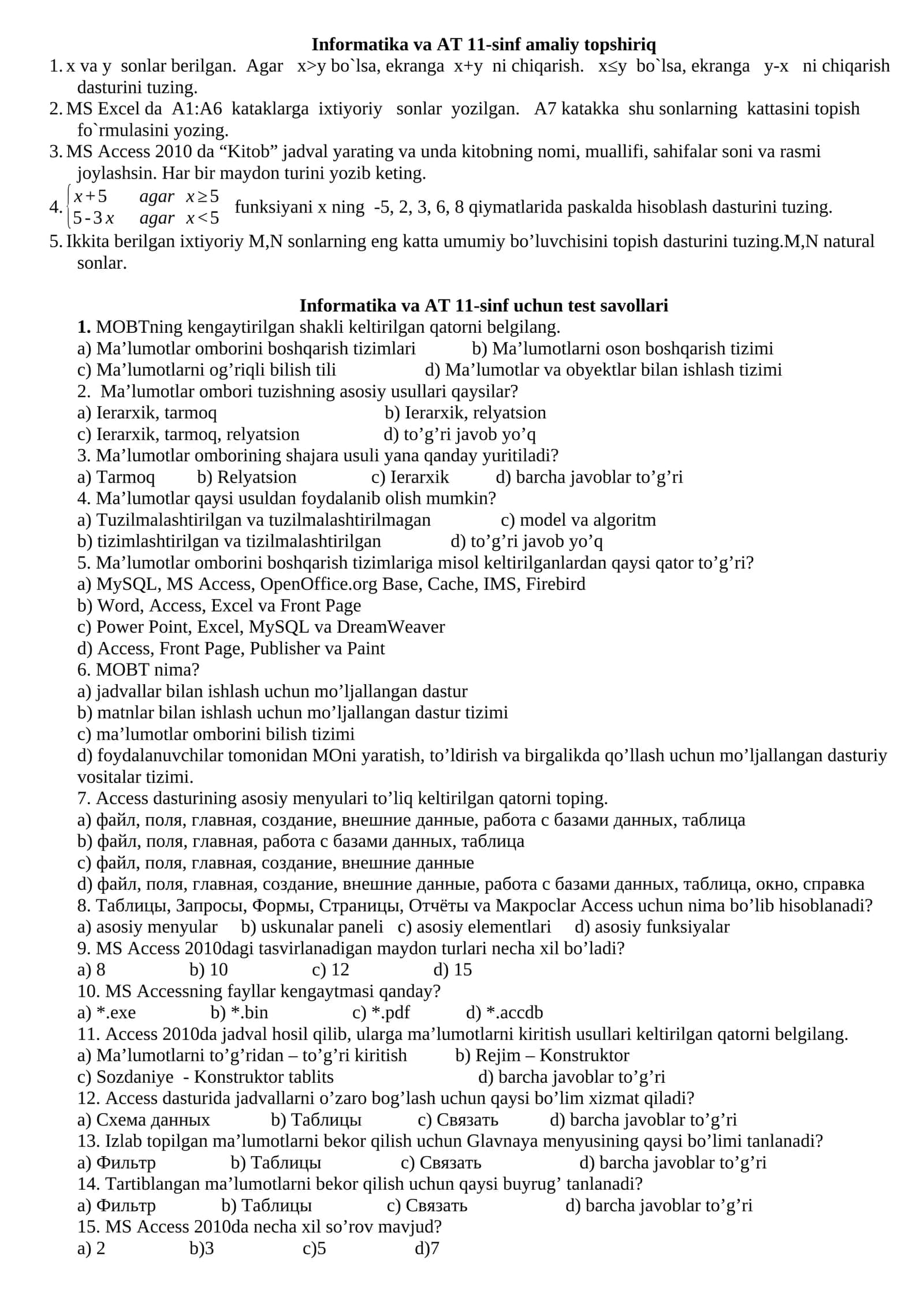 Informatika va AT 11-sinf amaliy topshiriq 1