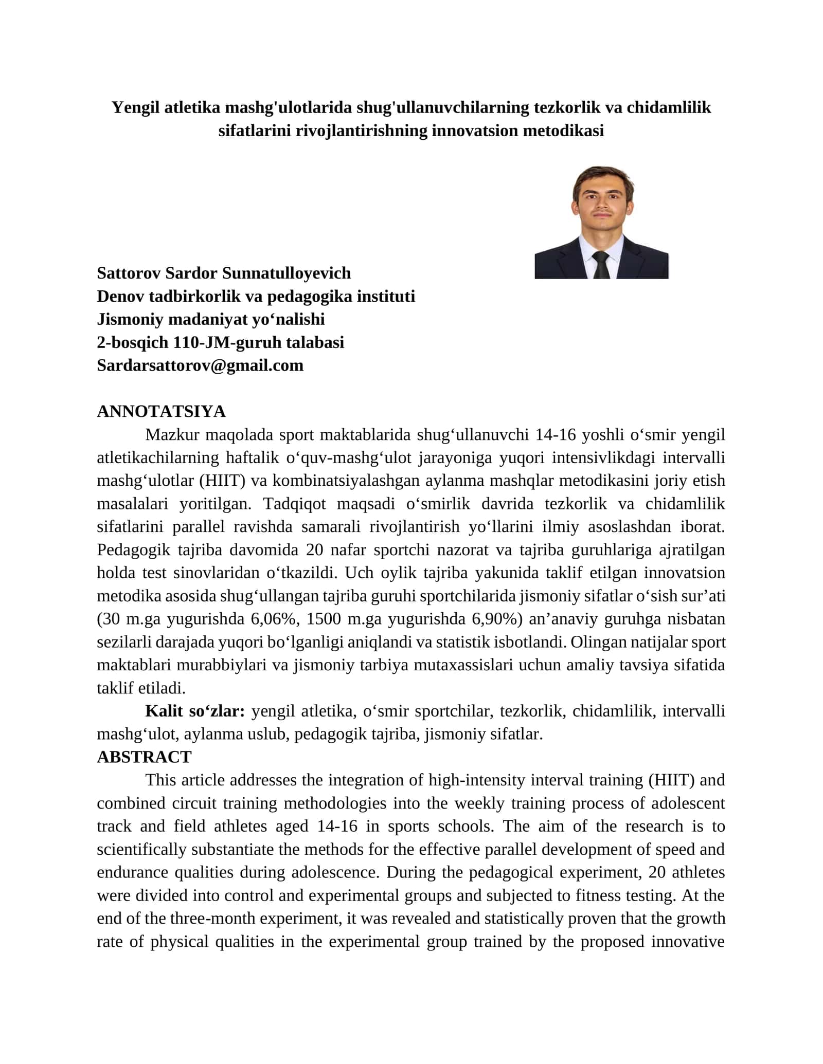 Yengil atletika mashg'ulotlarida shug'ullanuvchilarning tezkorlik va chidamlilik sifatlarini rivojlantirishning innovatsion metodikasi 1