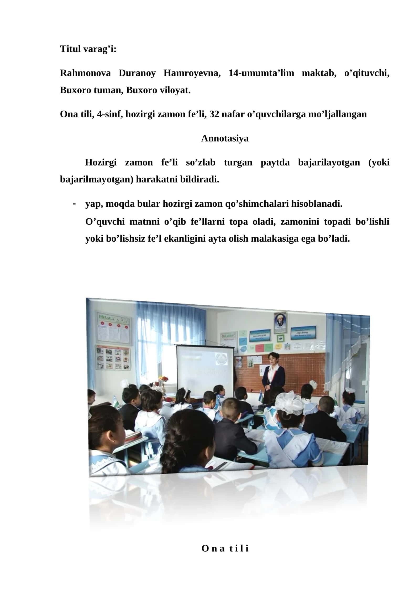4-sinf Ona tili fanidan Hozirgi zamon fe'li mavzusida dars ishlanma 1