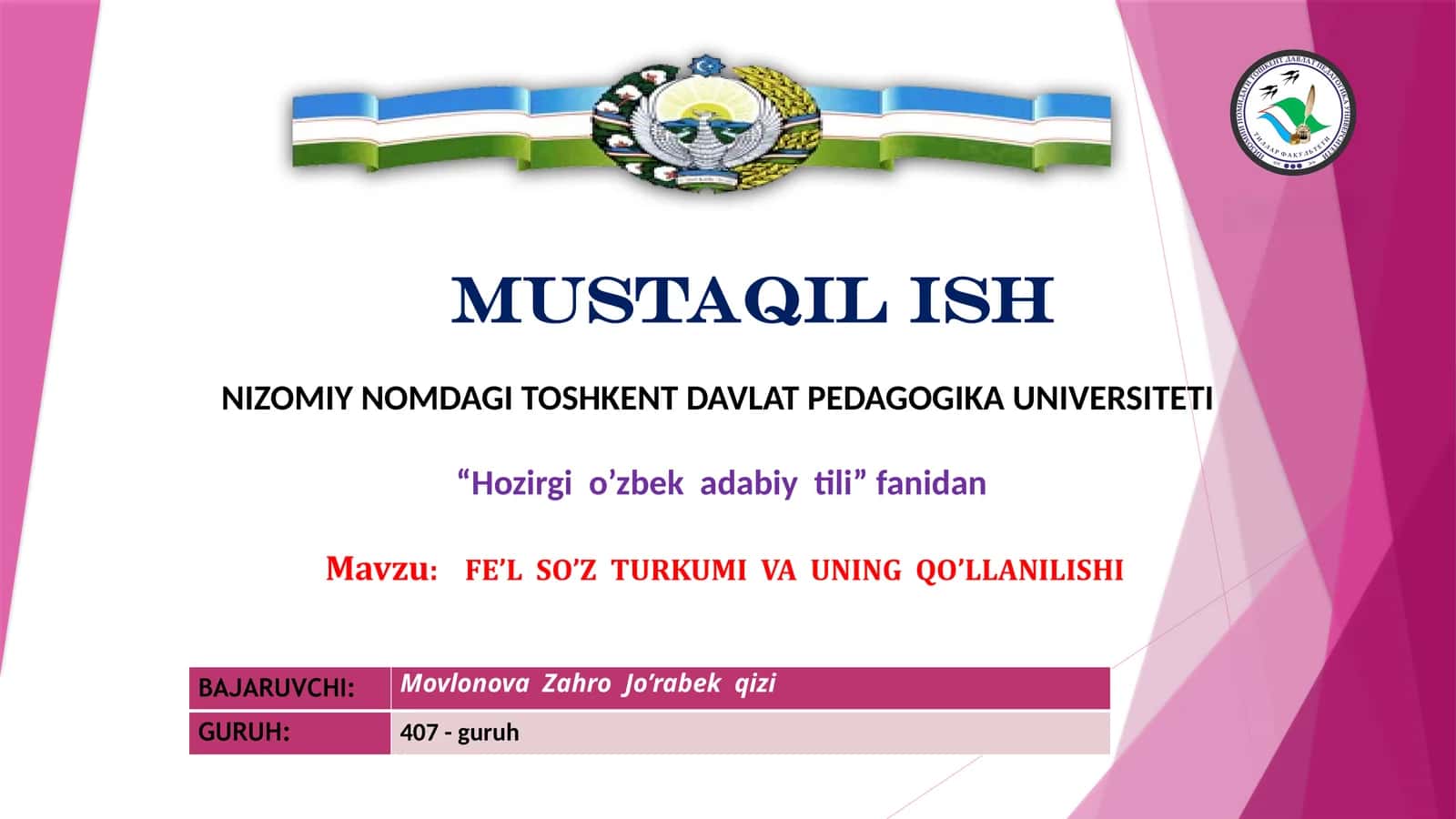 Fe'l so'z turkumi va uning qo'llanishi mavzusiga bag'ishlangan taqdimot 1