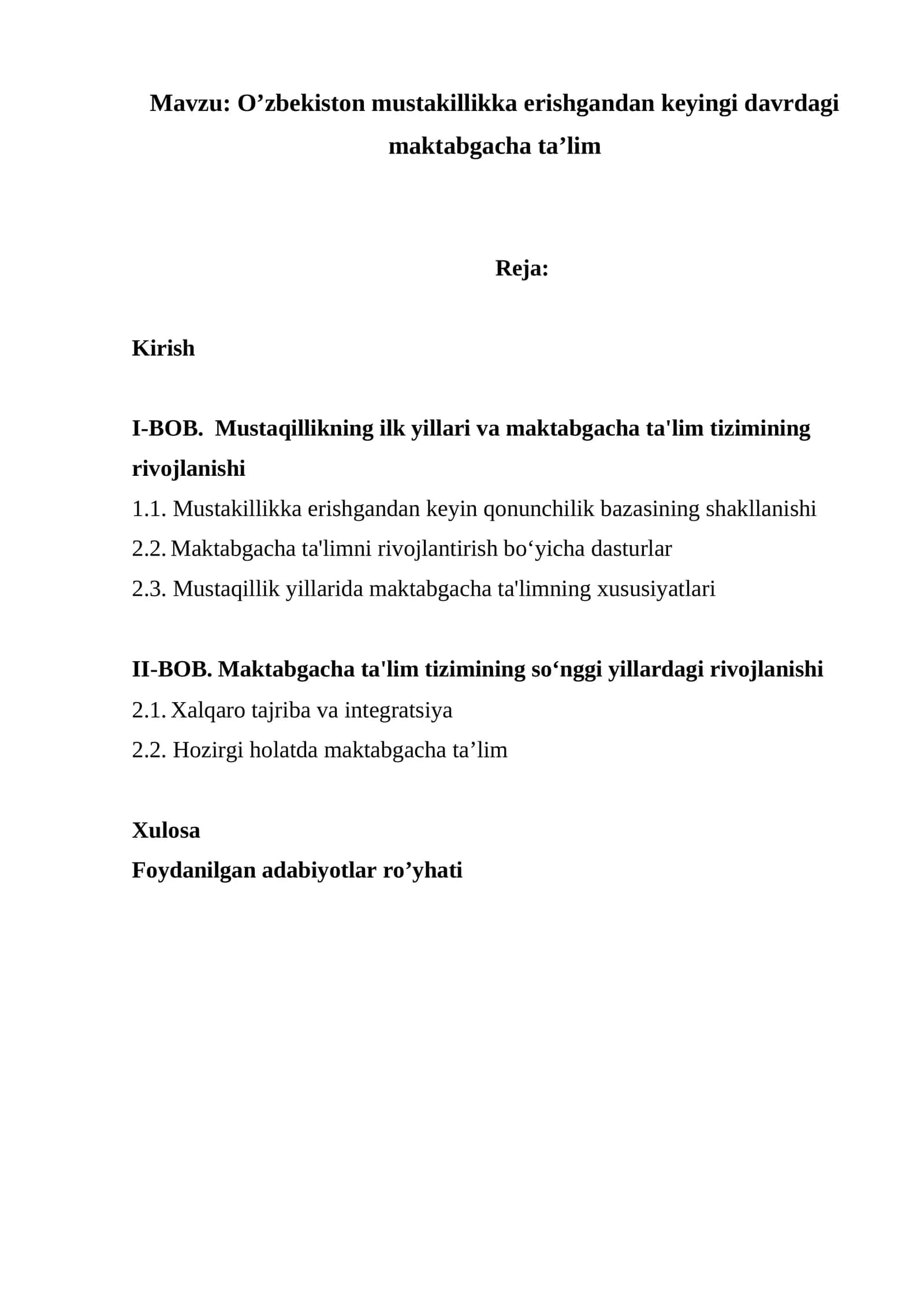 O’zbekiston mustakillikka erishgandan keyingi davrdagi maktabgacha ta’lim 1