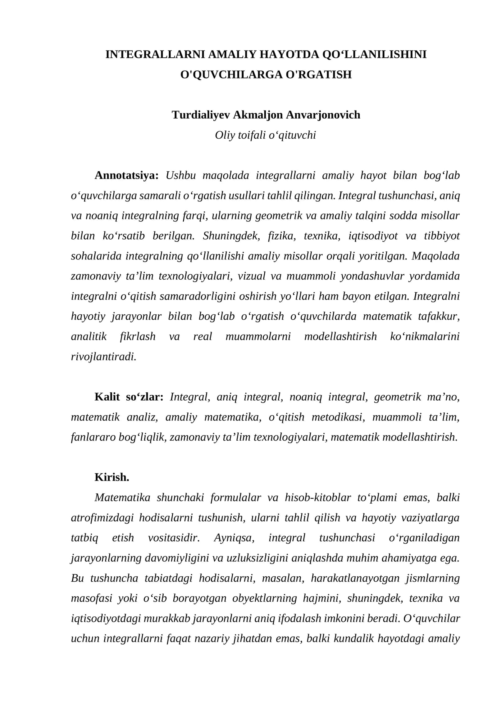 Integrallarni amaliy hayotda qo‘llanilishini o'quvchilarga o'rgatish 1