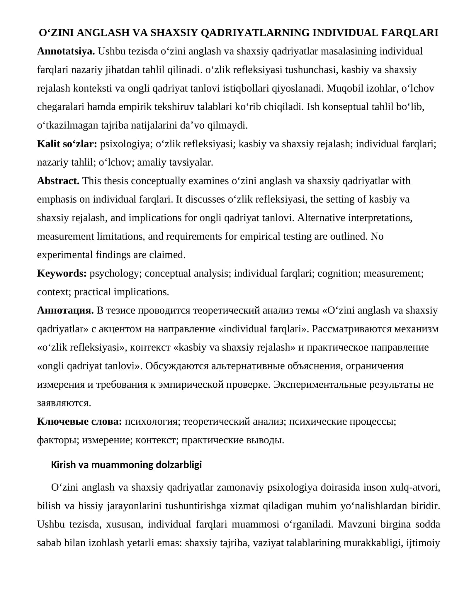 O‘ZINI ANGLASH VA SHAXSIY QADRIYATLARNING INDIVIDUAL FARQLARI 1