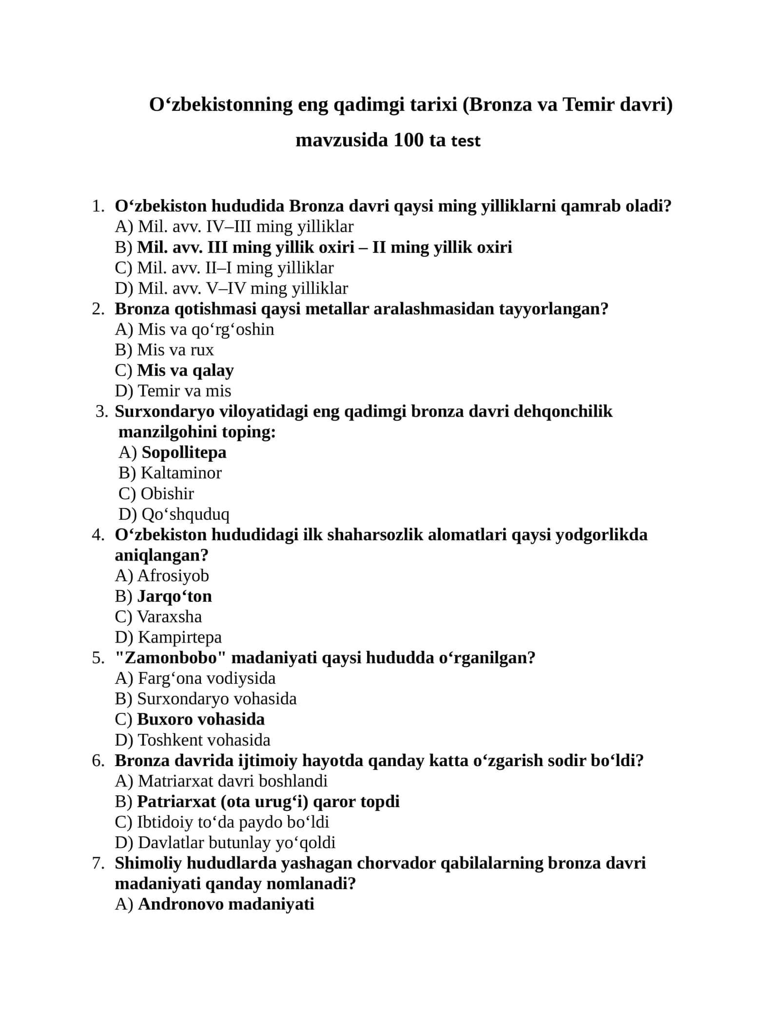 O‘zbekistonning eng qadimgi tarixi (Bronza va Temir davri) mavzusida 100 ta test 1