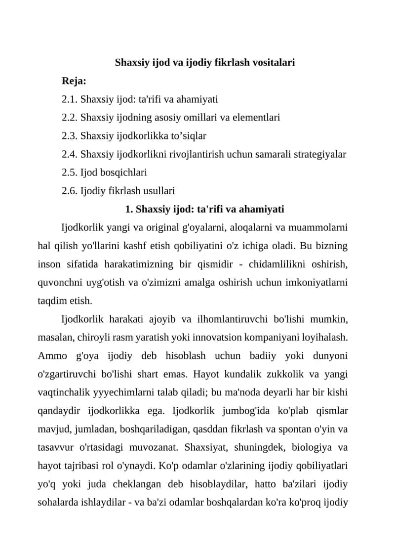 Shaxsiy ijod va ijodiy fikrlash vositalari 1
