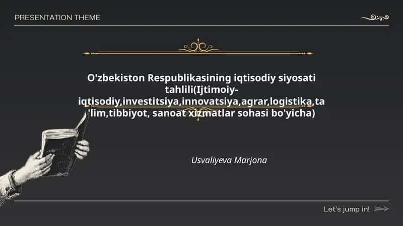 O'zbekiston Respublikasining iqtisodiy siyosati tahlili(Ijtimoiy-iqtisodiy,investitsiya,innovatsiya,agrar,logistika,ta'lim,tibbiyot, sanoat xizmatlar sohasi bo'yicha) 1