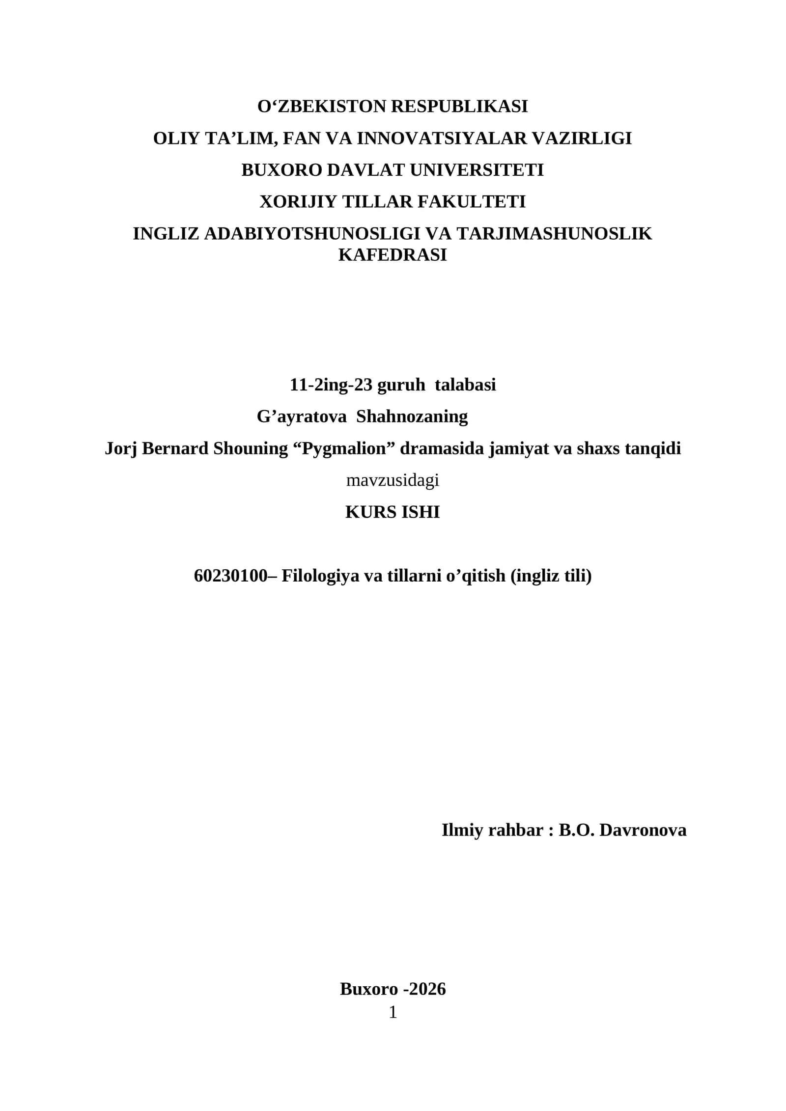 Jorj Bernard Shouning “Pygmalion” dramasida jamiyat va shaxs tanqidi 1